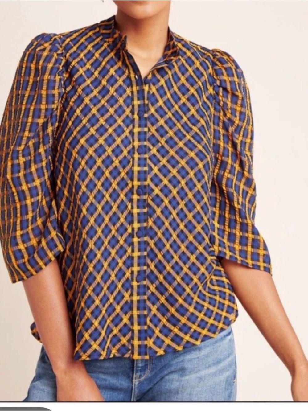Anthropologie Eva Franco Navy and Mustard Plaid Textured Button-Front Top
